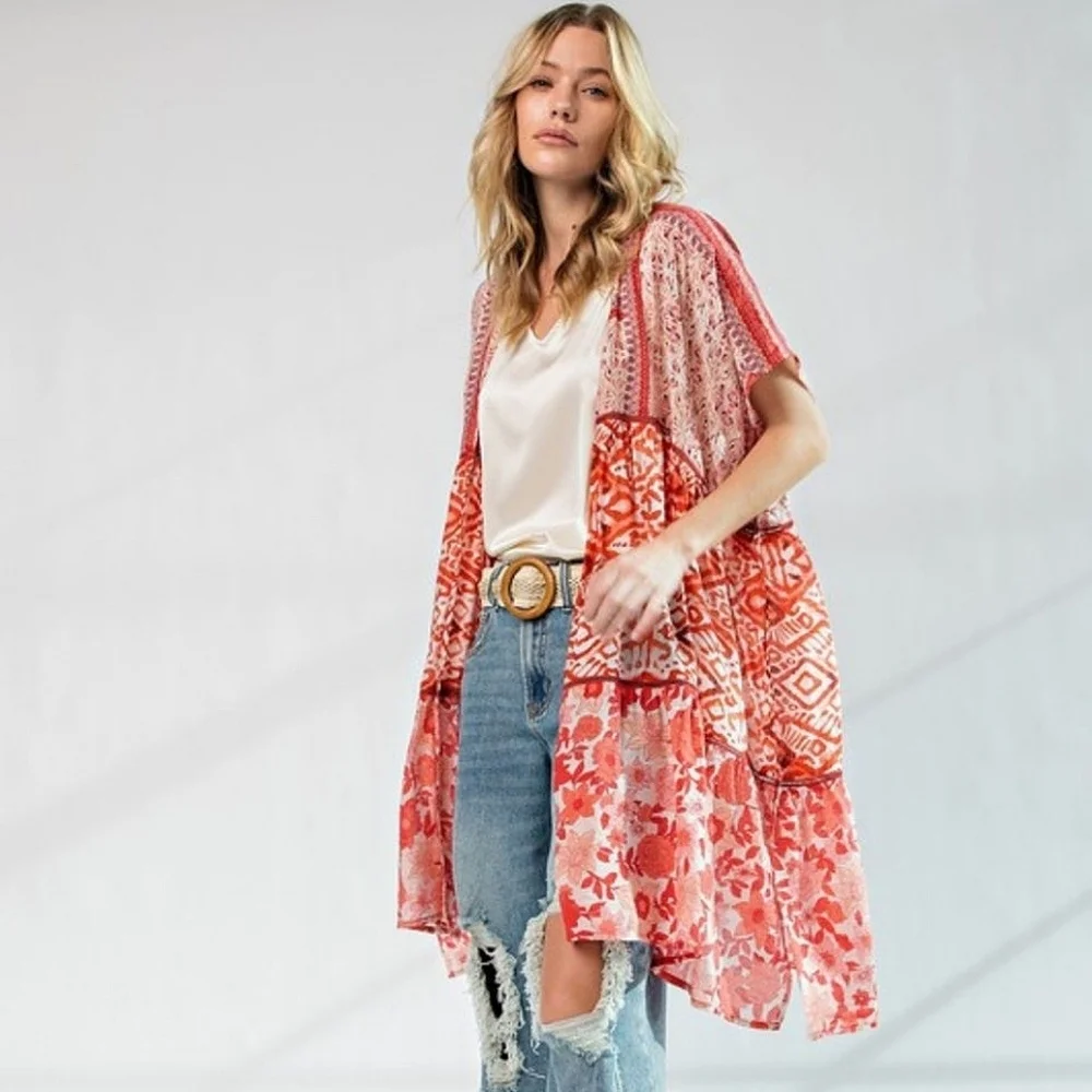 Easel "Lunch In The Garden" Orange and White Floral Boho Kimono, Size 3X. NWT - Picture 1 of 11